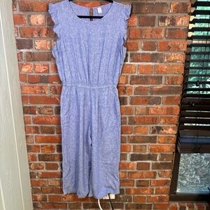 Old Navy womens linen blend sleeveless ruffle trim wide leg jumpsuit blue M